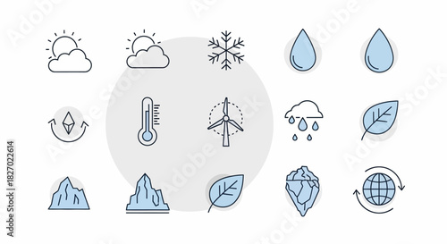 Collection of Weather and Environmental Icons Representing Nature.