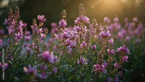 Fototapeta Naklejka Na Ścianę i Meble -  Purple flowers blooming in a garden during sunset. Nature and floral scene. The beauty of flowers and plants. The concept of gardening and outdoor nature beauty.