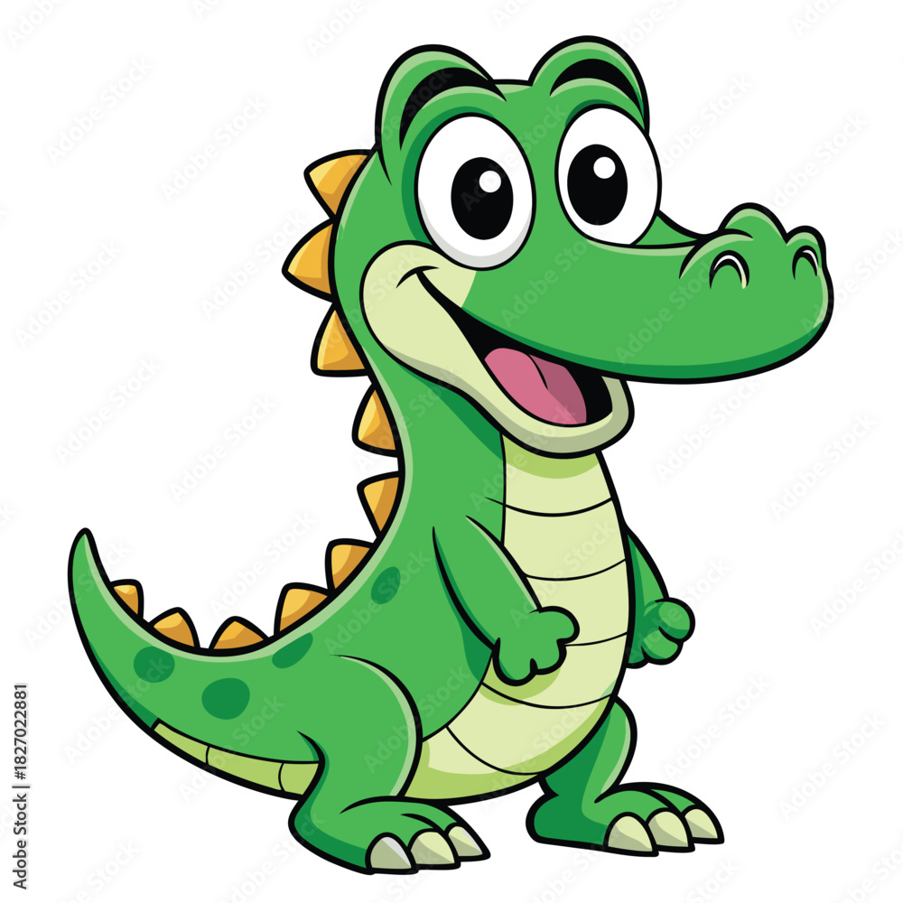 Fototapeta premium Cheerful Green Cartoon Crocodile with Outline on White Background
