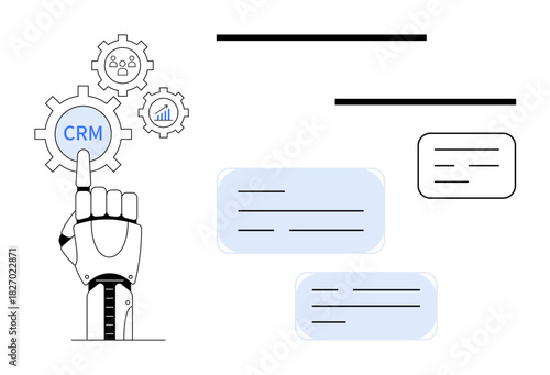 Robotic hand pointing at CRM gear surrounded by icons for data and people. Ideal for automation, CRM systems, business solutions, team collaboration, technology, process optimization, simple flat