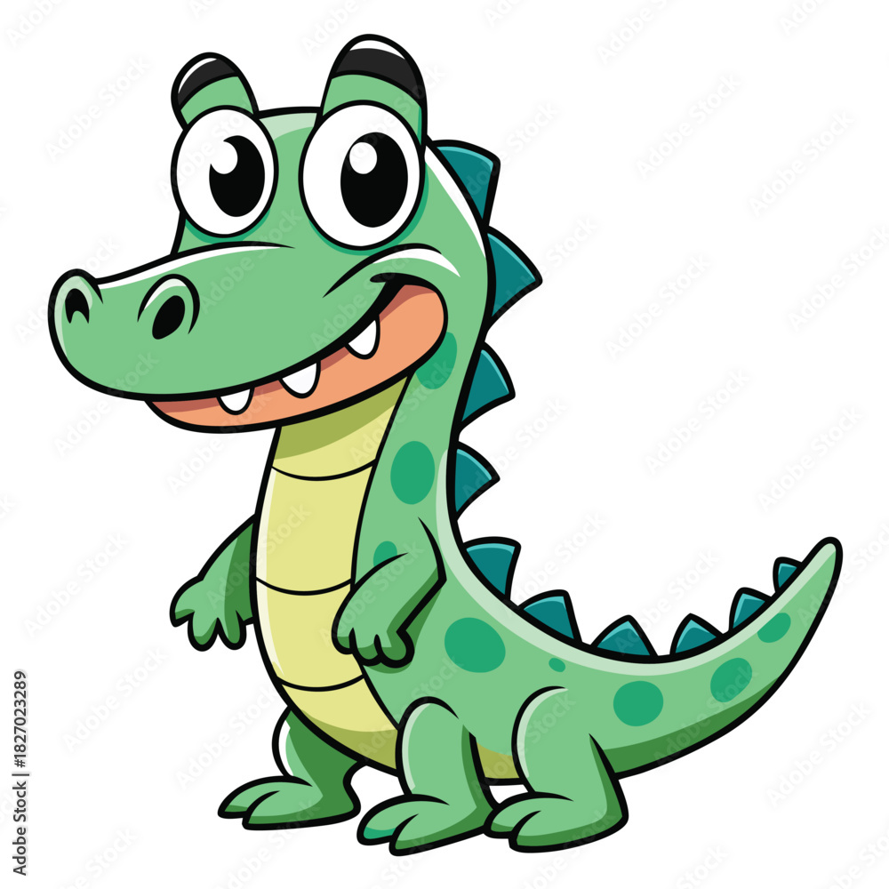Fototapeta premium Cheerful Green Crocodile Cartoon Character with Big Eyes on White Background