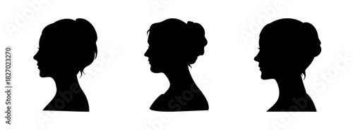 Black silhouette of woman head profile with different hairstyles and neck shapes vector art