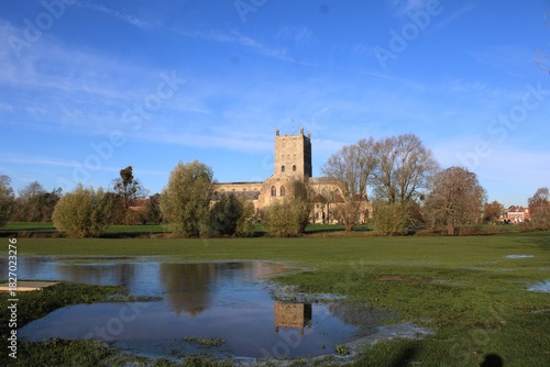 Autumnal view of Tewkesbury Abbey, Gloucestershire.