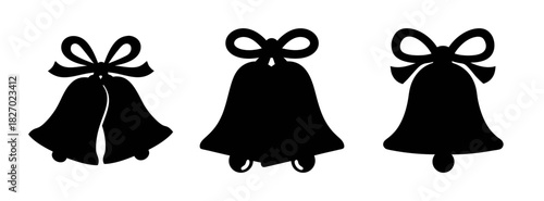 Christmas bells vector silhouette set, holiday bells with bows, festive bell clip art design element
