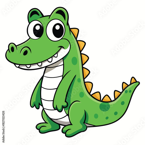 Cheerful Green Crocodile Cartoon with Big Eyes on White Background
