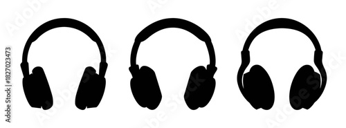 Headphones vector illustration showing black wireless headsets for music listening and audio enjoyment