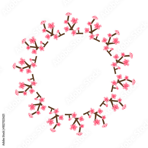 Cute round frame with paper cut floral sakura branches isolated on white background.