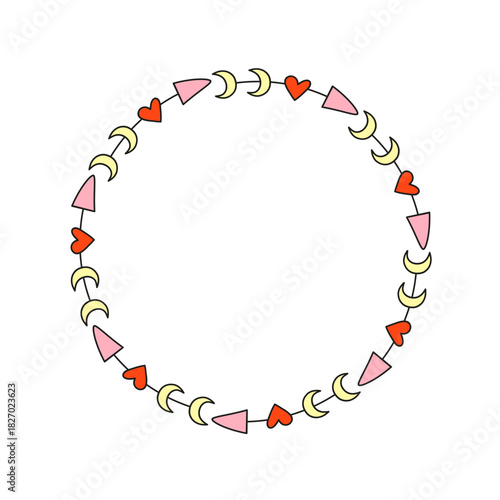 Cute round frame with doodle Valentine arrows, hearts and crescent moon isolated on white background.