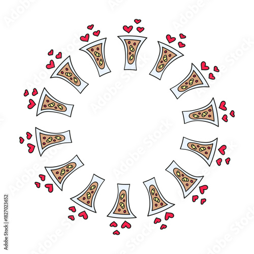Set of round wreaths with doodle hot tea in glass and hearts isolated on white background.
