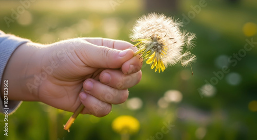 Childs hand holding dandelion against sunlight nature and growth concept