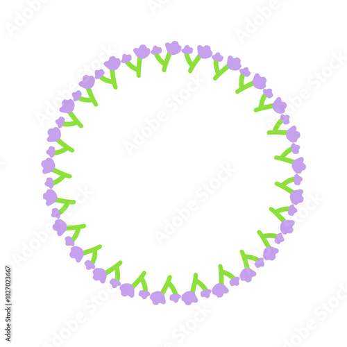 Cute round frame with petite wildflowers in soft lavender colors isolated on white background.