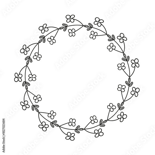Cute round frame with doodle outline canola rapeseed flowers isolated on white background.