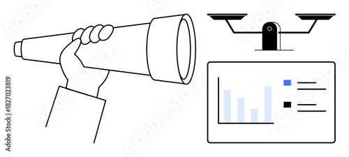 Hand holding telescope for observation paired with a data chart and balanced scale. Ideal for analysis, strategy, vision, data-driven decisions, insights, predictions, fairness. Simple flat metaphor