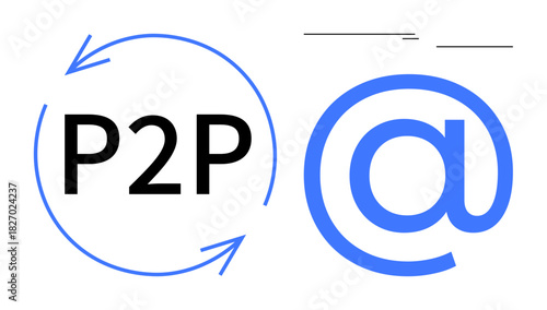 P2P text encircled by arrows and a large symbol representing email, connectivity, and exchange. Ideal for technology, communication, networking, collaboration, digital payment, data sharing