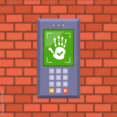 Entrance to the building using a palm scanner. Flat illustration.