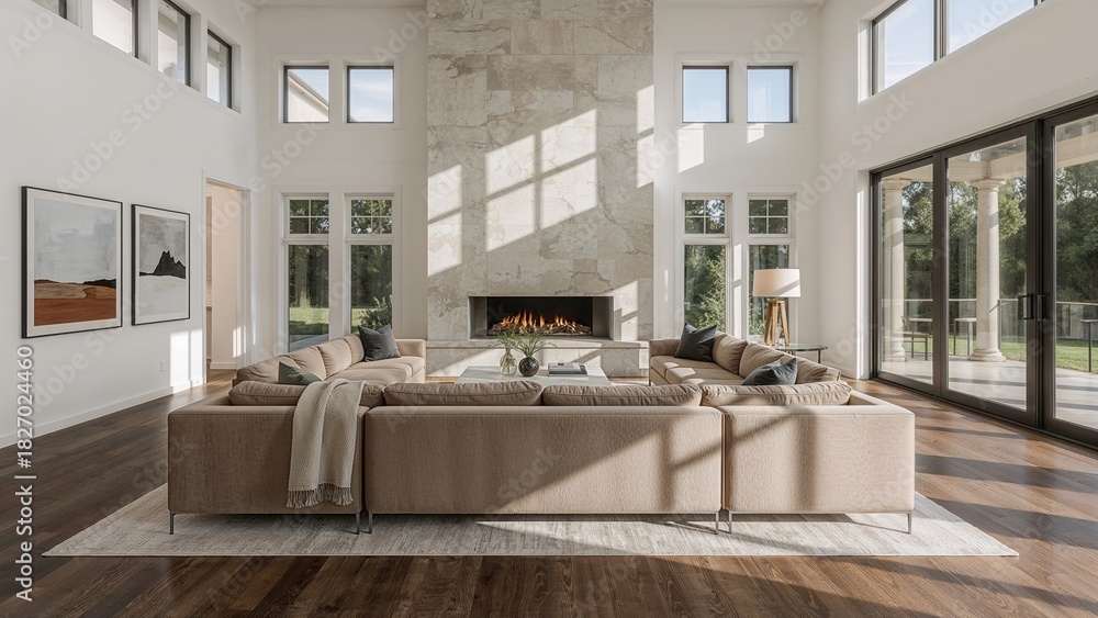 Naklejka premium Interior living room with large windows, fireplace, and modern decor. Spacious, bright, and cozy home design.