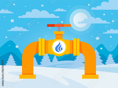 Yellow gas pipe on winter background. Flat illustration.