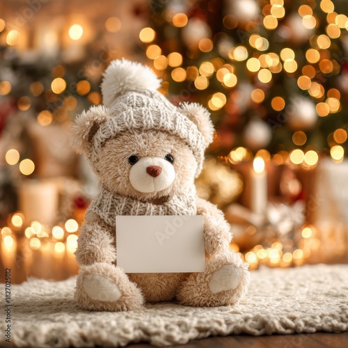 Wallpaper Mural Teddy Bear's Holiday Message: An adorable teddy bear, adorned in a cozy hat and scarf, clutching a blank sign, amidst a warmly lit Christmas setting, creating a heartwarming scene. Torontodigital.ca
