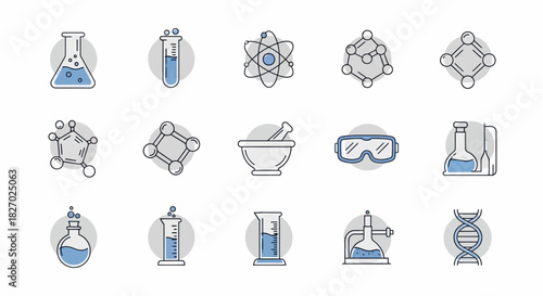 Collection of Science and Chemistry Icons with Laboratory Equipment and Molecular Structures.