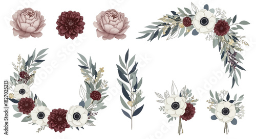 Collection of elegant floral elements featuring dusty rose peonies, dark burgundy anemones, and muted green eucalyptus foliage