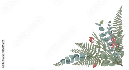Watercolor botanical corner arrangement with eucalyptus, fern, and small red berry accents, for design