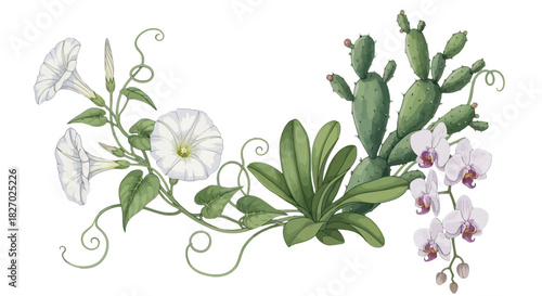 Beautiful botanical illustration featuring white morning glory vine, prickly pear cactus, and delicate pink orchid flowers