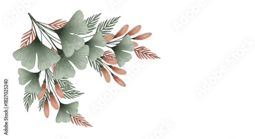Watercolor corner floral arrangement with soft green ginkgo leaf and muted pink berry branch element