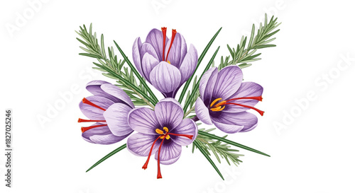 Watercolor illustration of beautiful purple saffron crocus flowers with green leaves, for design element
