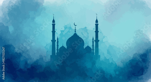 Silhouette of a mosque with minarets and a dome against an abstract, textured background of varying shades of blue and white, evoking a spiritual atmosphere