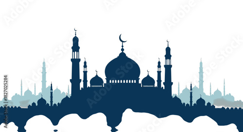 Silhouette of a grand mosque with multiple domes and minarets against a, symbolizing islamic architecture and faith