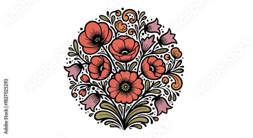 Decorative circular floral ornament with stylized red poppies and small bluebell flowers in traditional folk art style