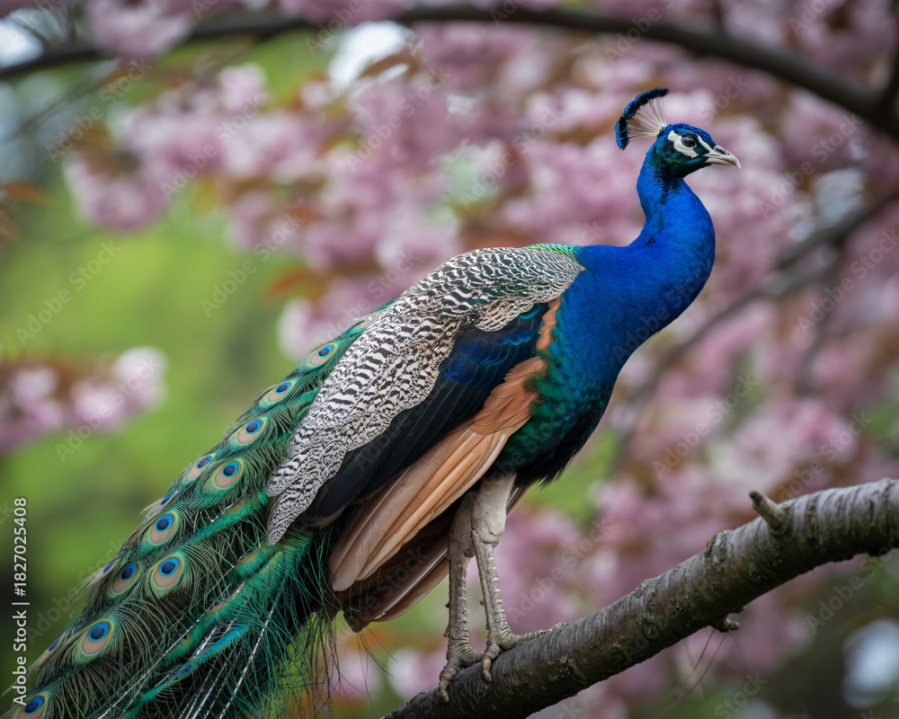 Obraz premium Stunning peacock perched gracefully on a branch, vibrant blue plumage contrasting with soft pink blossoms in the background, a symbol of beauty and nature