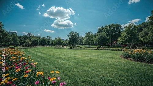 Fototapeta Naklejka Na Ścianę i Meble -  A lush green park with colorful flowers, trees, and a bright blue sky with scattered clouds.
