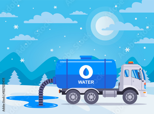 Filling a well with water. Truck with a tank and a pump hose. Machine for draining liquid. Industrial vehicle.