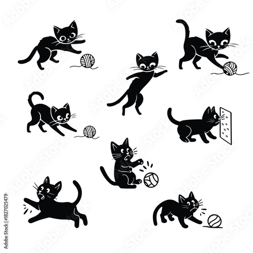 Kitten playing hand drawn silhouette style Cat silhouette  Black and white Vector illustration