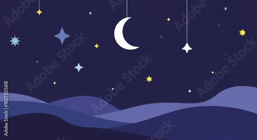 Whimsical night sky with hanging moon and stars. Minimalist flat design vector illustration. Children's nursery and bedtime story concept