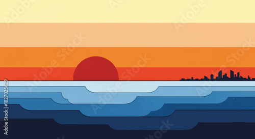 Minimalist landscape illustration of a sunset over the ocean. Flat design graphic with a city skyline and stylized waves. Modern retro style vector background