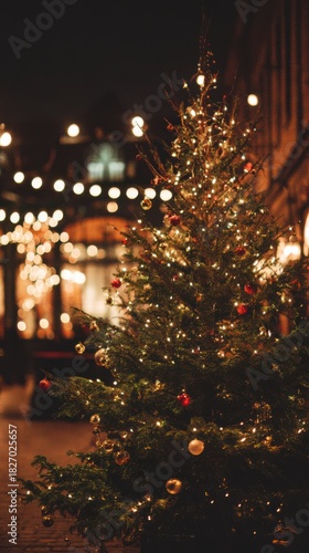 Christmas tree with illumination: A beautifully adorned Christmas tree, sparkling with festive lights and ornaments, graces the foreground, casting a warm glow on a wintry evening.
