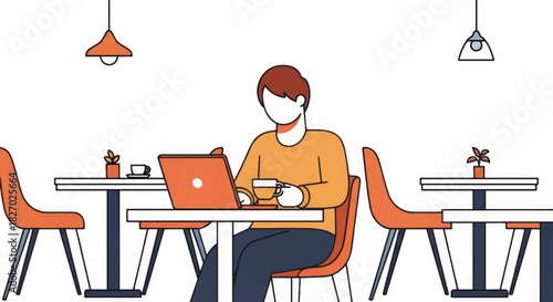 A person working on a laptop in a modern cafe. Remote work and freelancer concept. Flat design vector illustration