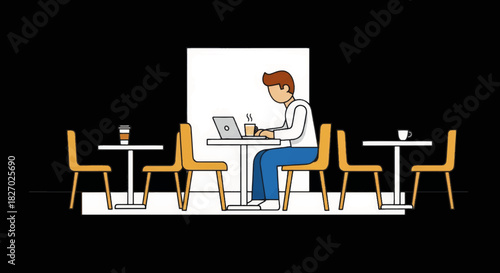 Man working on a laptop in a coffee shop. Remote work and freelancer concept. Minimalist flat design vector illustration