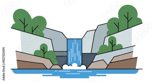 Minimalist landscape with a waterfall. Flat design vector illustration of a natural scene. Graphic icon for travel and outdoor themes