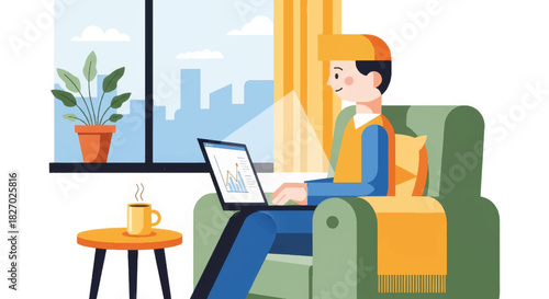 Remote work concept with a man on a laptop. Freelancer or student working from a cozy home office. Flat vector illustration of data analysis on a chart
