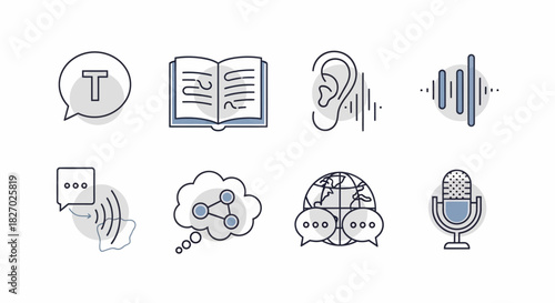 Collection of icons representing communication and language concepts.