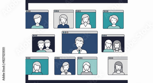 Virtual meeting on a video conference screen grid. People collaborating online in a hybrid office. Remote work and digital communication concept. Flat design vector illustration