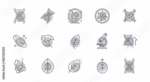 Collection of science and biology icons with DNA and microscope.