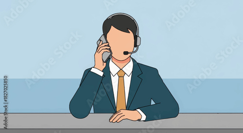 Customer service representative wearing a headset on a call. Vector illustration of a call center agent. Business communication and support concept