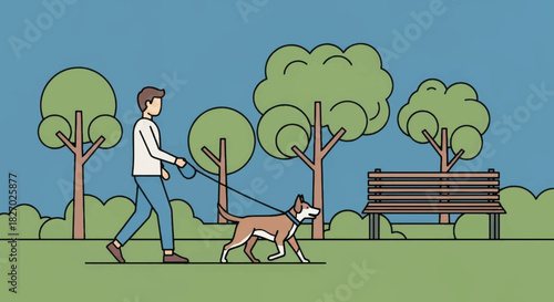 Man walking a dog in a city park. Simple line art with flat color vector illustration. Outdoor leisure and pet owner lifestyle concept