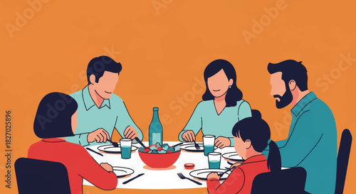 Illustration of a family having dinner together. Modern flat design of people eating a meal at a dining table. Vector graphic for lifestyle and togetherness concepts.