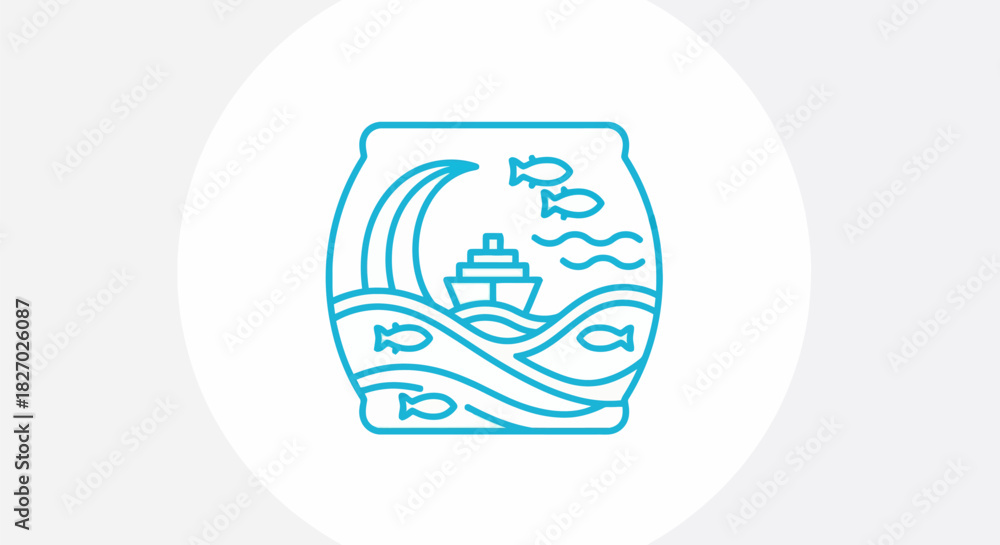 Fototapeta premium Aquarium Scene with Ship and Fish in Stylized Waves.