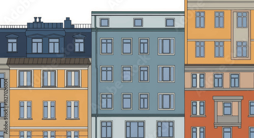 Urban housing and apartment building facades. Flat design vector illustration of a city street. Minimalist architectural background with colorful houses